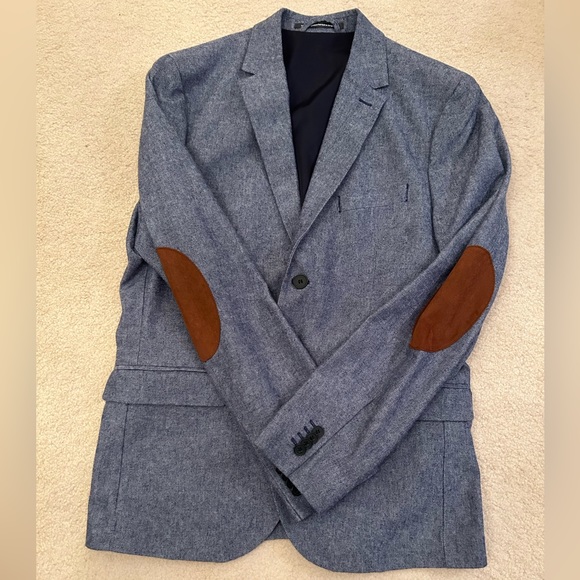 H&M Slim Fit Blue Sports Coat Blazer with Brown Leather Elbow Patches Size 44R - Picture 2 of 5